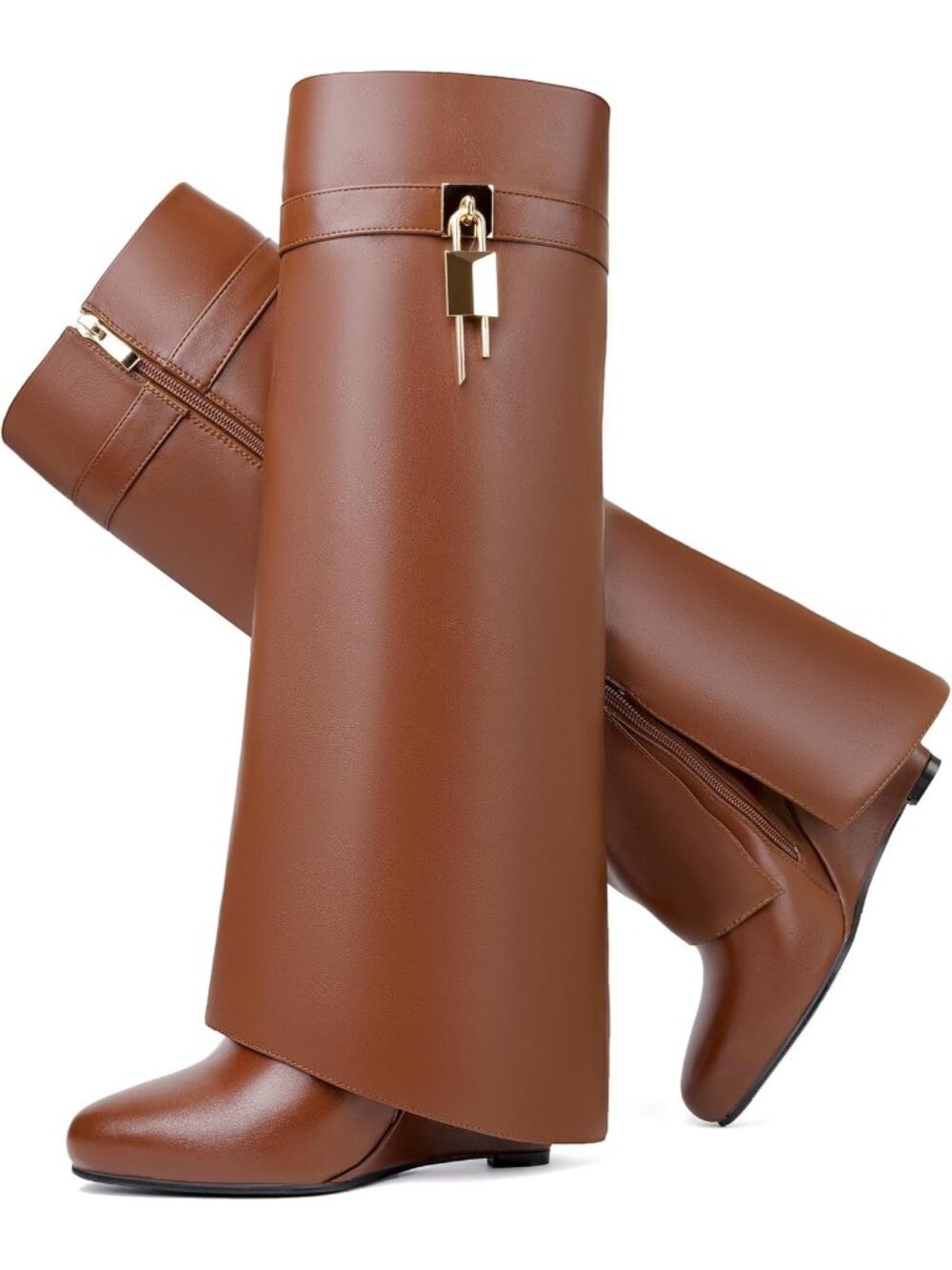 Women's Brown Pointy Pull On Wedge Heel Knee Shark Side Zipper Fold Over Boot